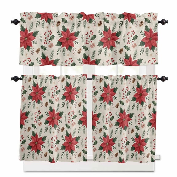 Christmas Plants Kitchen Curtains and Valances Set, Red Flowers Pine Fruit Linen Texture Rod Pocket Window Valance 18 Inch Window Curtain Panels for Living Room Bedroom Laundry, 27.5x24in, 3 Pieces