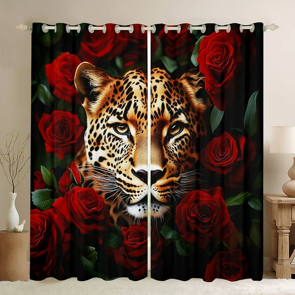 Manfei 3D Cheetah Leopard Curtains 2-Pack (42x63), Red Rose Kids Window Curtains