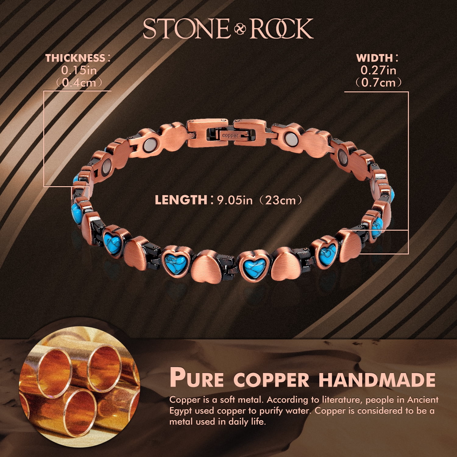 STONE ROCK - Blue Turquoise Copper Bracelets for Women or Men - 99.99% Solid Pure Copper Magnetic Bracelets Adjustable