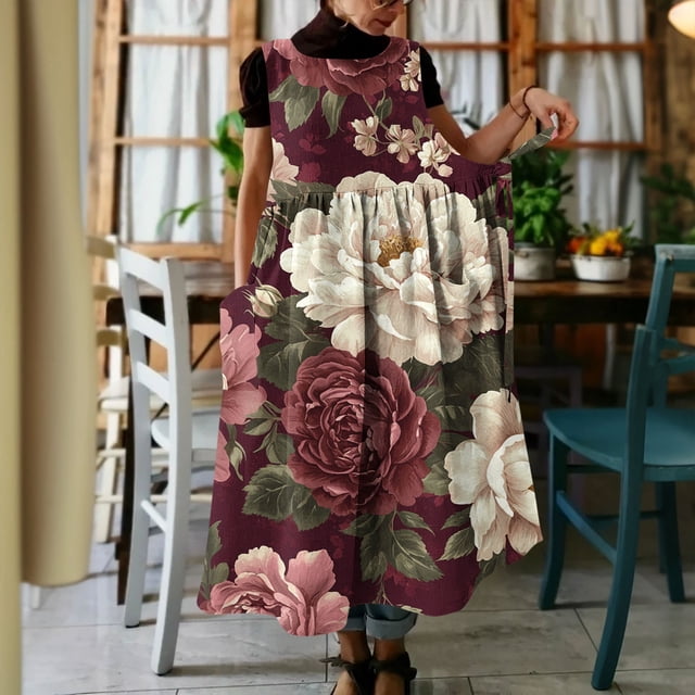 Uootdi Robes Chasubles pour Femmes Col Ras du Cou Sans Manches Motif Feuillage Poche Robes en Lin Décontractées Confortables Décontractées Robes Maxi Cadeau