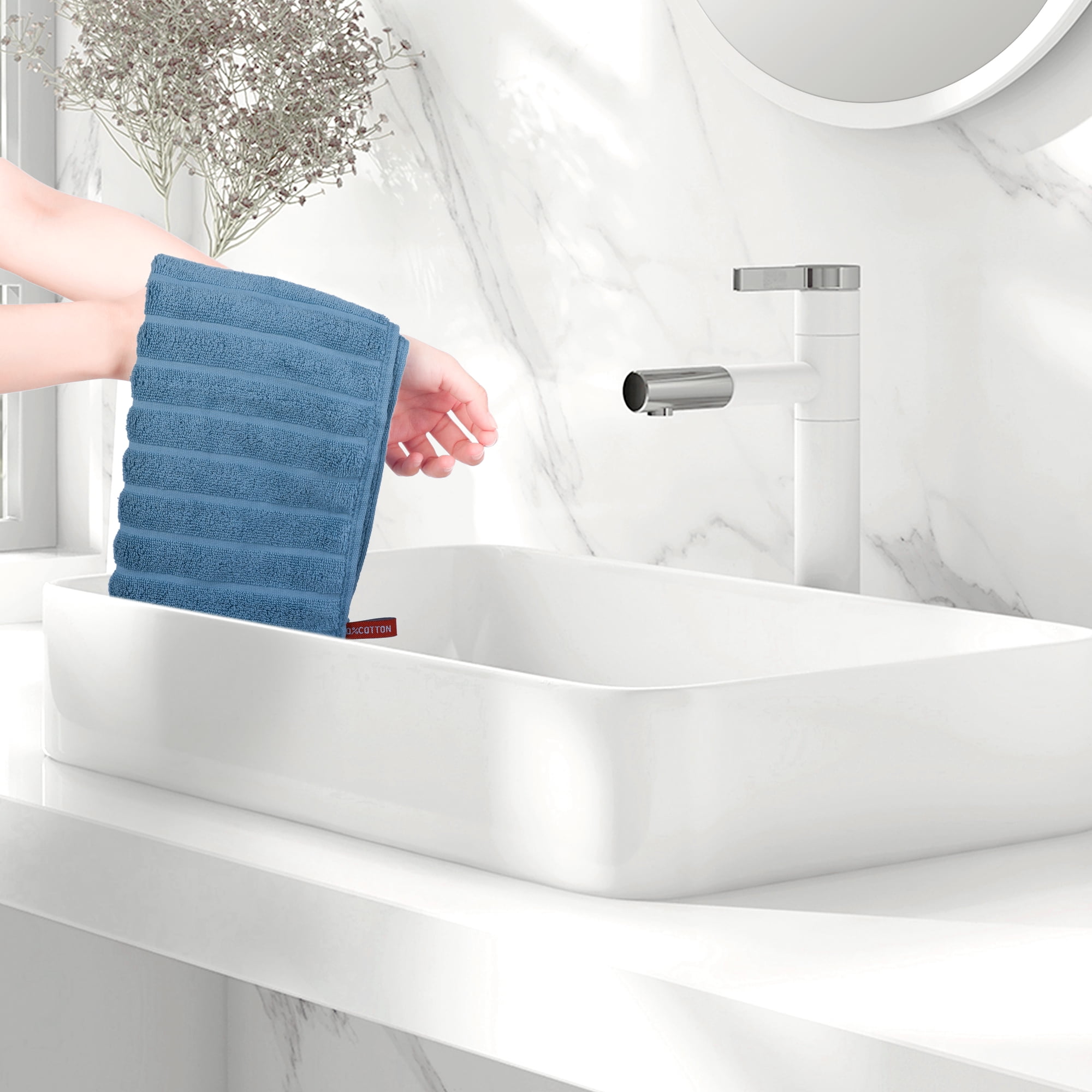 REGALWOVEN Striped 12 Pack Washcloths Pure Cotton Face Towels Comfort Towels Blue