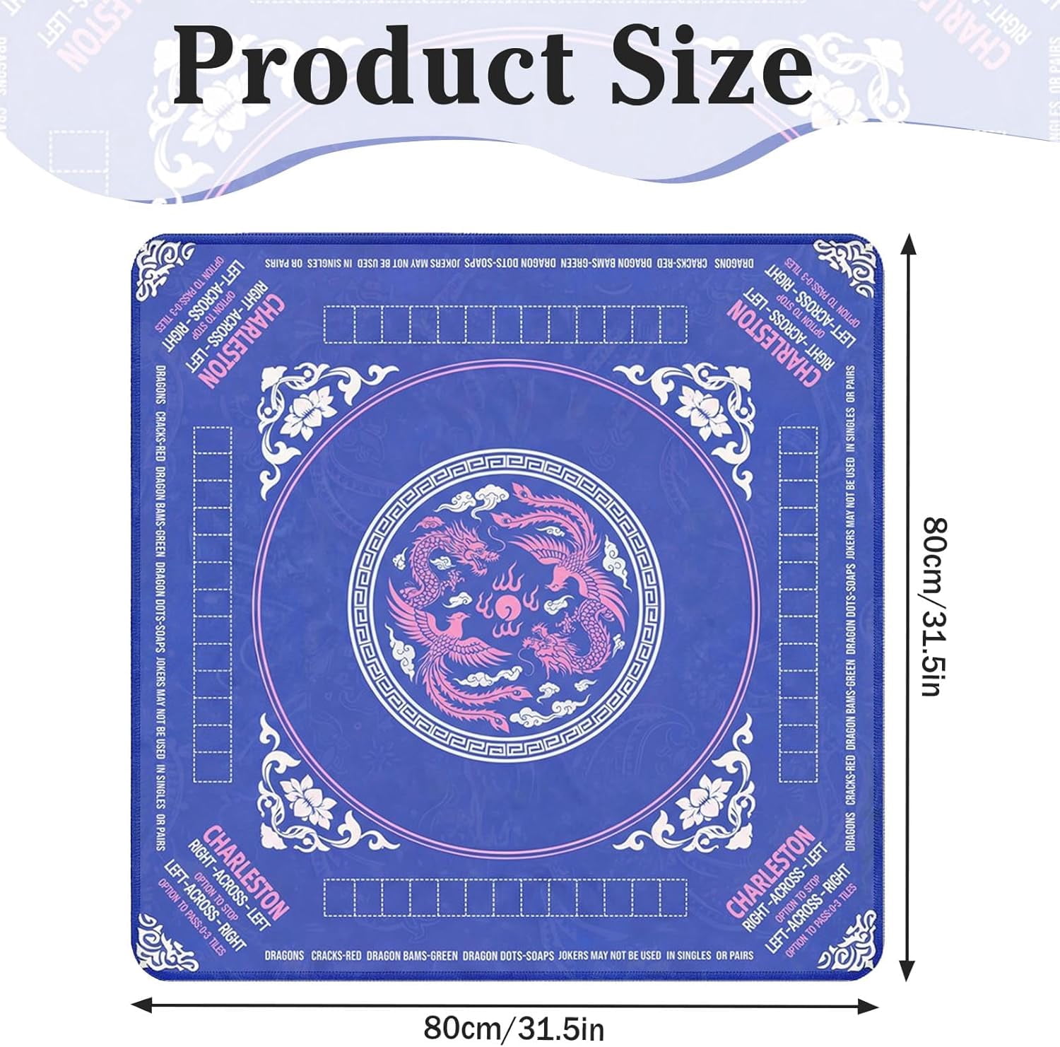 Mahjong Mat with Black Carrying Bag Blue Pink Dragon Non-Slip Noise Reduction Gaming Mat 31.5" x 31.5" Rubber Multi Purpose Game Table Cover for Mahjong Card Dominoes Board Tile Games