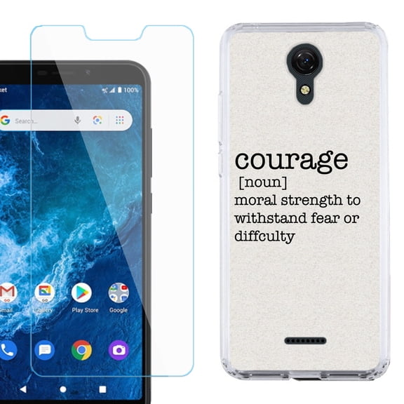 Slim-Fit Protective Phone Case compatible with Cricket Icon 2, with Tempered Glass Screen Protector, by OneToughShield ® - Dictionary/Courage