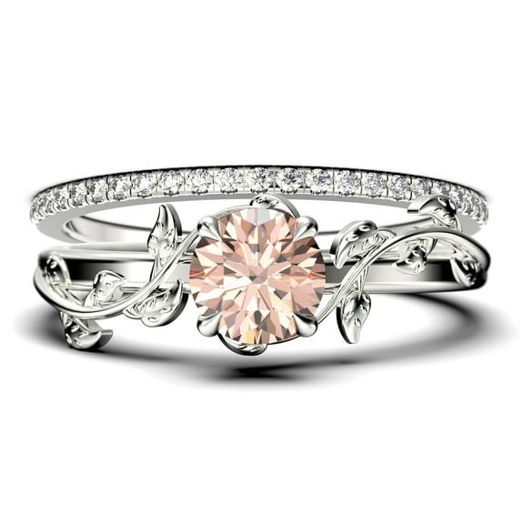 Vine Leaf Ring, Boho & hippie 1.50 Carat Round Cut Morganite And Diamond Moissanite Engagement Ring, Wedding Ring in 10k Solid White Gold, Gift, Promise Ring For Her, Bridal Set, Matching Band