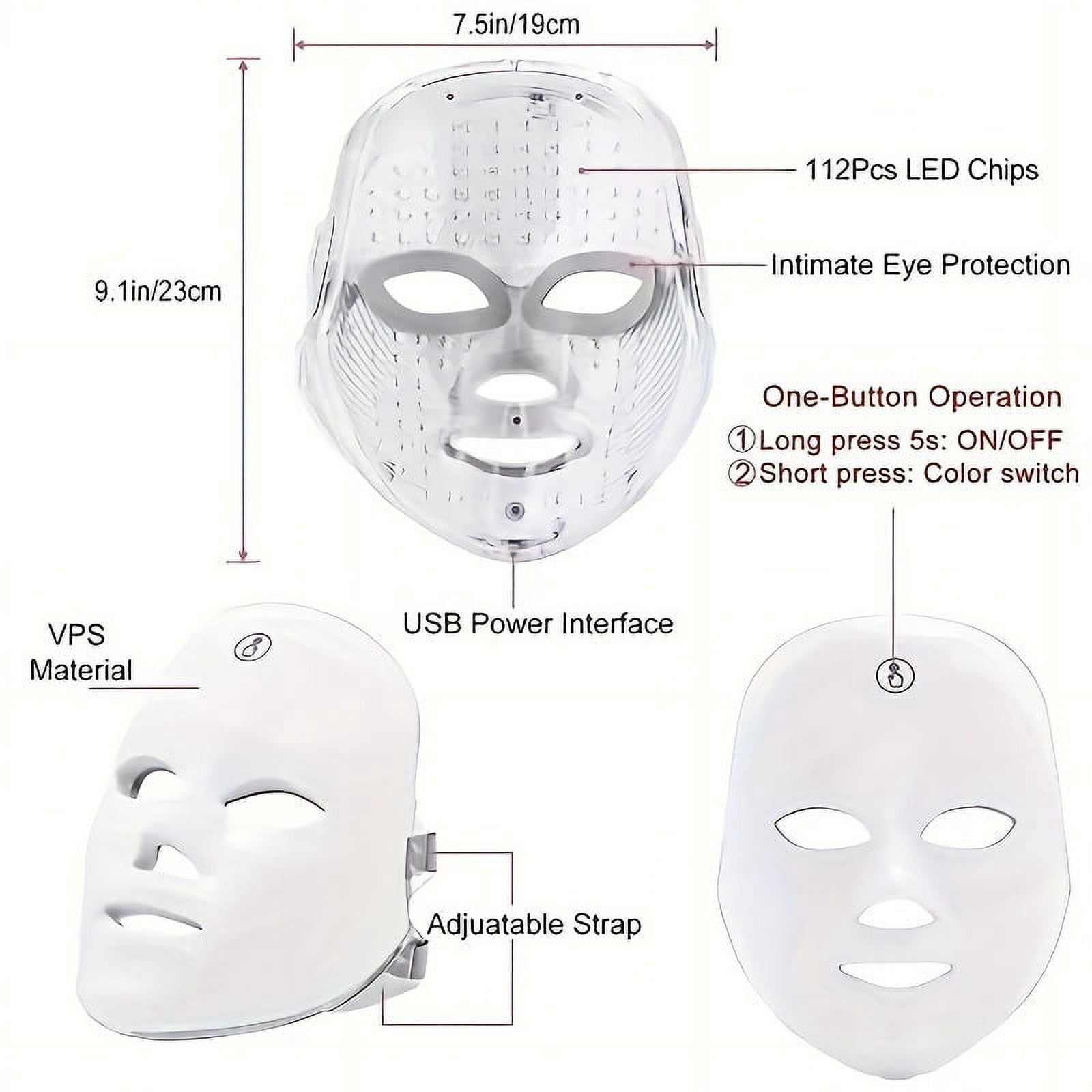 Wearable 7-Color LED Face Mask with Touch Control, Rechargeable Hands-Free Light Device for At-Home Spa and Facial Wellness Routines, Full Face Coverage