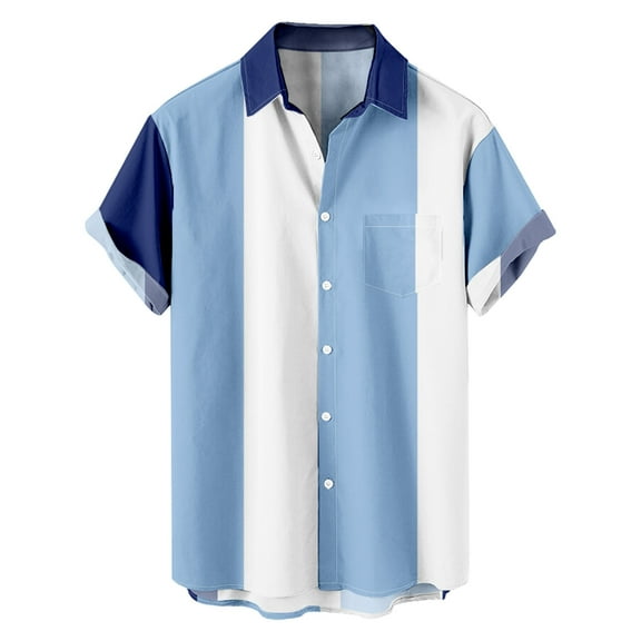 HAPIMO Loose Hawaiian Beach Shirts with Pocket for Men Tees Clearance Short Sleeve Solid Color Block Teens Tops Turndown Collar Button Activewear Casual Workout Summer Blue L