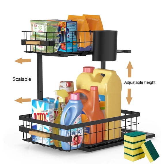 2-Tier Pull Out Under Sink Organizer with Sliding Baskets – Adjustable Height, Space-Saving Metal Shelf