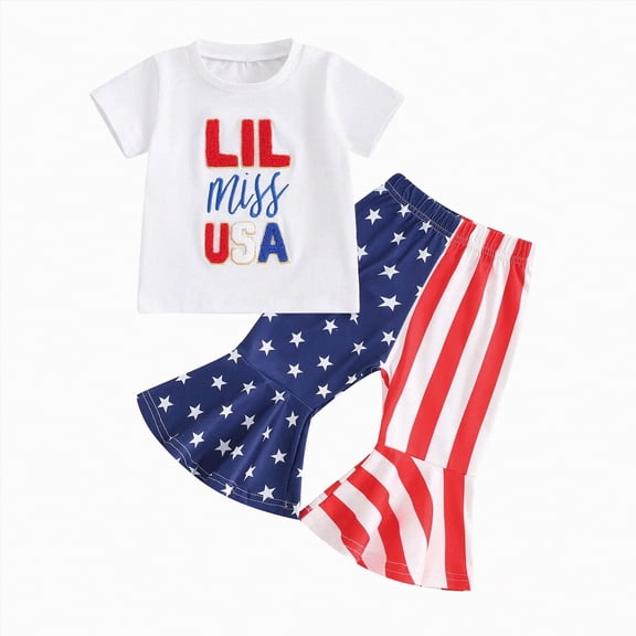 mgoYE Baby Girl Clothes Newborn 4th of July Outfits Toddler Baby Girl Fourth of July Clothes American USA Embroidery T-Shirt Flag Stripe Pants Set|White 2-3 Years