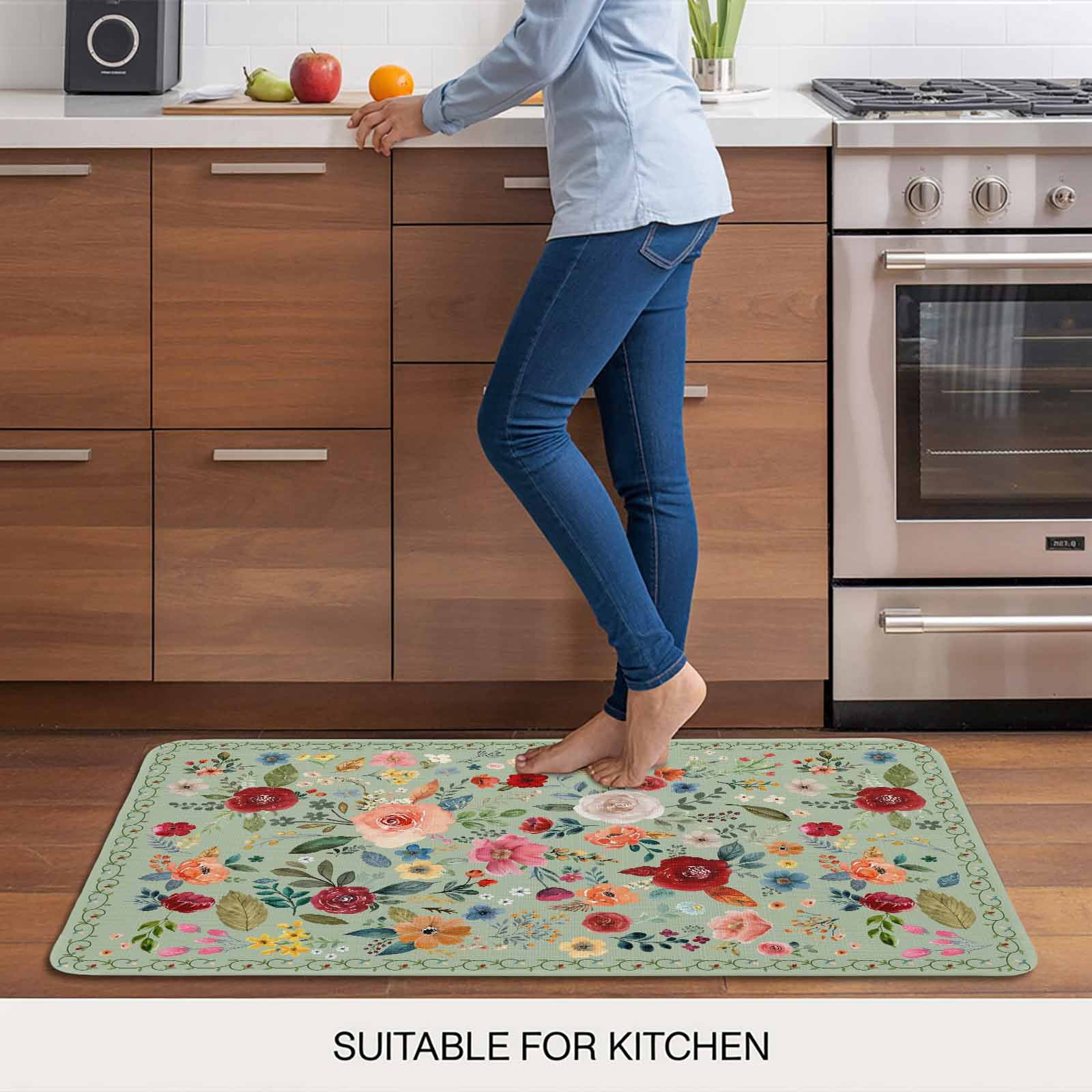 Sage Green Floral Doormat Outdoor Entrance 18"x30", Spring Flowers Leaves Farmhouse Absorb Moisture Dirt Door Mats, Non-Slip Rubber Backing Floor Mats Indoor, Low-Profile Front Door Rugs