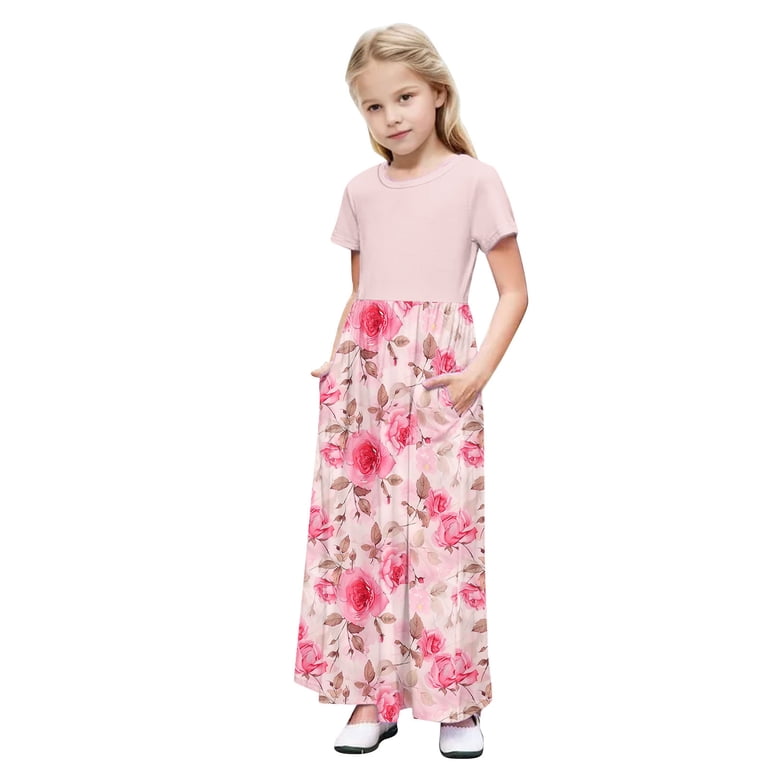 Isvgxsz New Party Dresses for Girls Toddler Kids Girls Cute Solid Color  Flower Print Short Sleeve Stretchy Pocket Dress A Line Long Dress Girls  Casual Dresses Pink - Walmart.com
