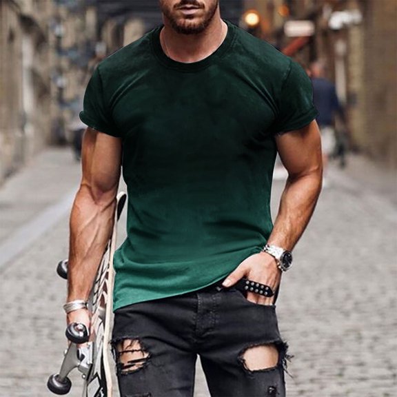 HOOMEUMY Men's Athletic T-Shirts Round Neck Tops Stylish Slim Fit Casual Blouse Workout Summer Basic Short Sleeve Basic Tees 2025 Trendy Gradient Shirts Green XL