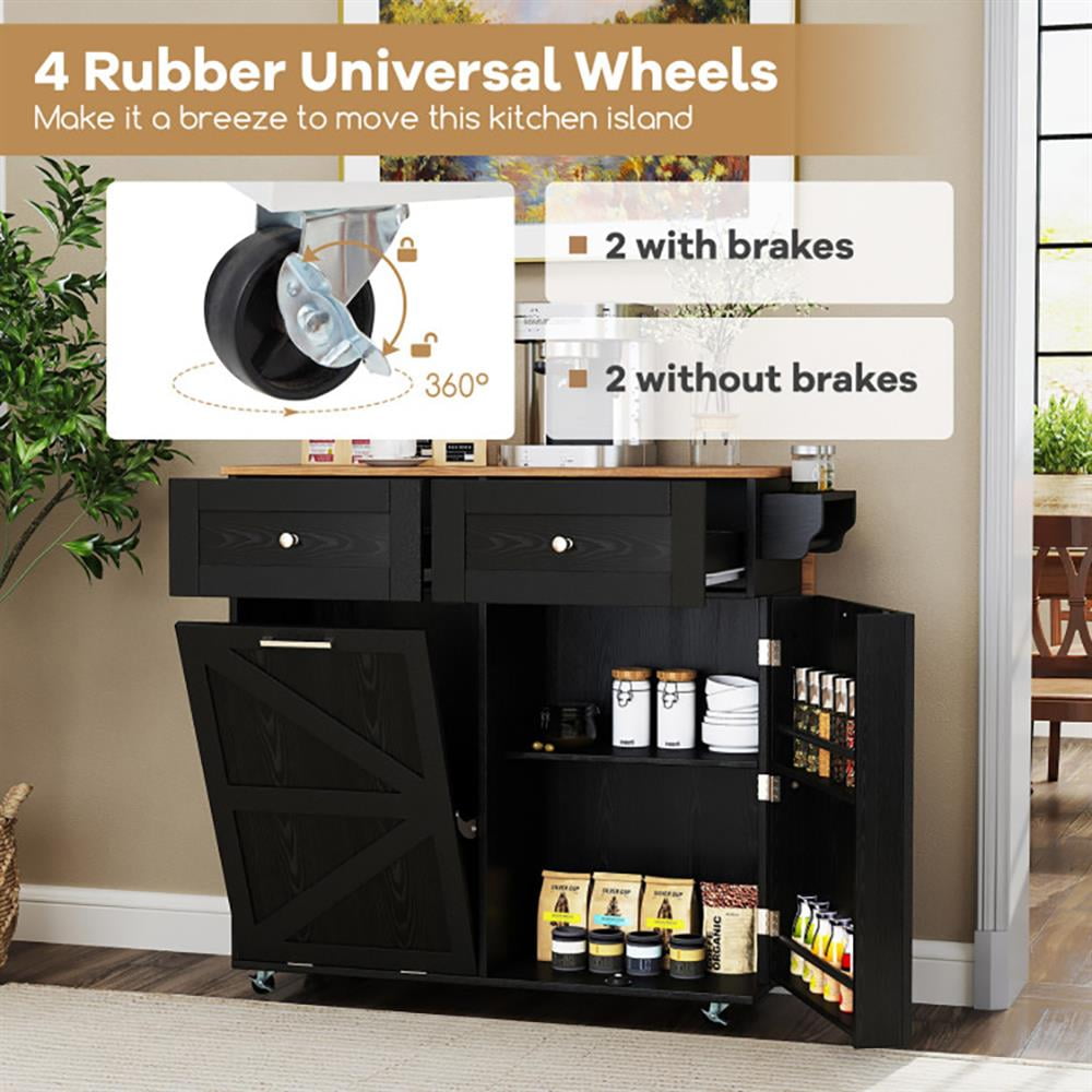 Resenkos Kitchen Cart, Kitchen Island Cart,Rolling Kitchen Island with Trash Can Cabinet and Rubber Universal Wheels-Black