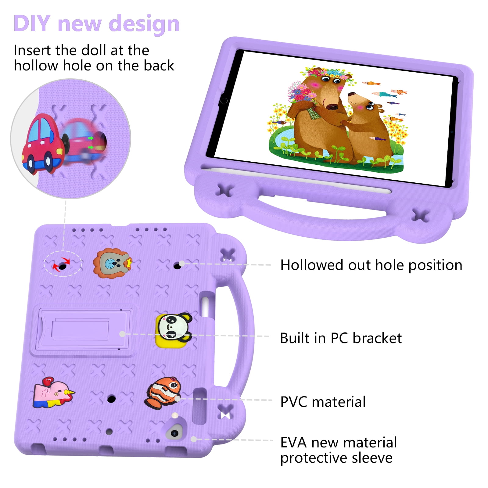 ELEHOLD Kids Case for iPad 6th/5th Gen/Pro (2018/2017/2016) 9.7 inch, EVA Foam Cute Cartoon Case with Built-in Kickstand Pencil Holder Shockproof Portable Case for iPad 9.7"/iPad Air/Air 2,Lightpurple
