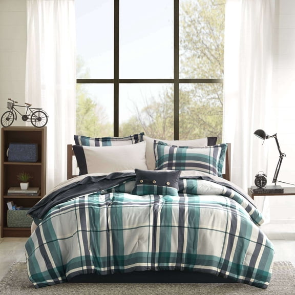 Cotton Bedding Set 7 PCS Twin XL Plaid Comforter Set with Bed Sheets Teal/Black,Comforter Set