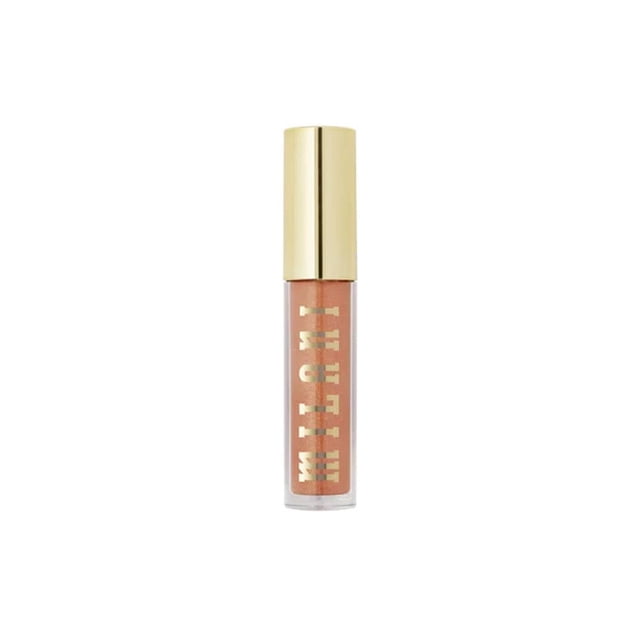 Labial líquido Milani keep it full nourishing tropical shine 3.7 ml en tubo cilíndrico transparente con tapa dorada, fórmula cremosa y ligera que hidrata intensamente y maximiza el volumen de los labios con color vibrante y brillo tropical.