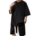 thumbnail image 3 of Conjunto de 2 piezas de verano para hombre, camisas y pantalones cortos de manga corta de punto gofre, chándal informal elegante para uso diario en la calle al aire libre, negro XL, 3 of 8
