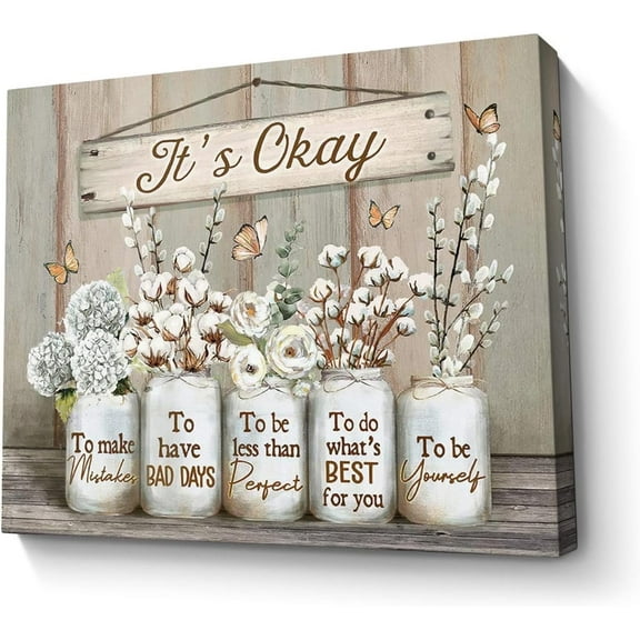 Floral Farmhouse Wall Art Canvas Encouraging Bible Verse On Marson Jars and Butterfly Print Wall Decor It's Okay Inspirational Quotes Picture Framed Artwork for Bedroom Bathroom Decor 16x20 In