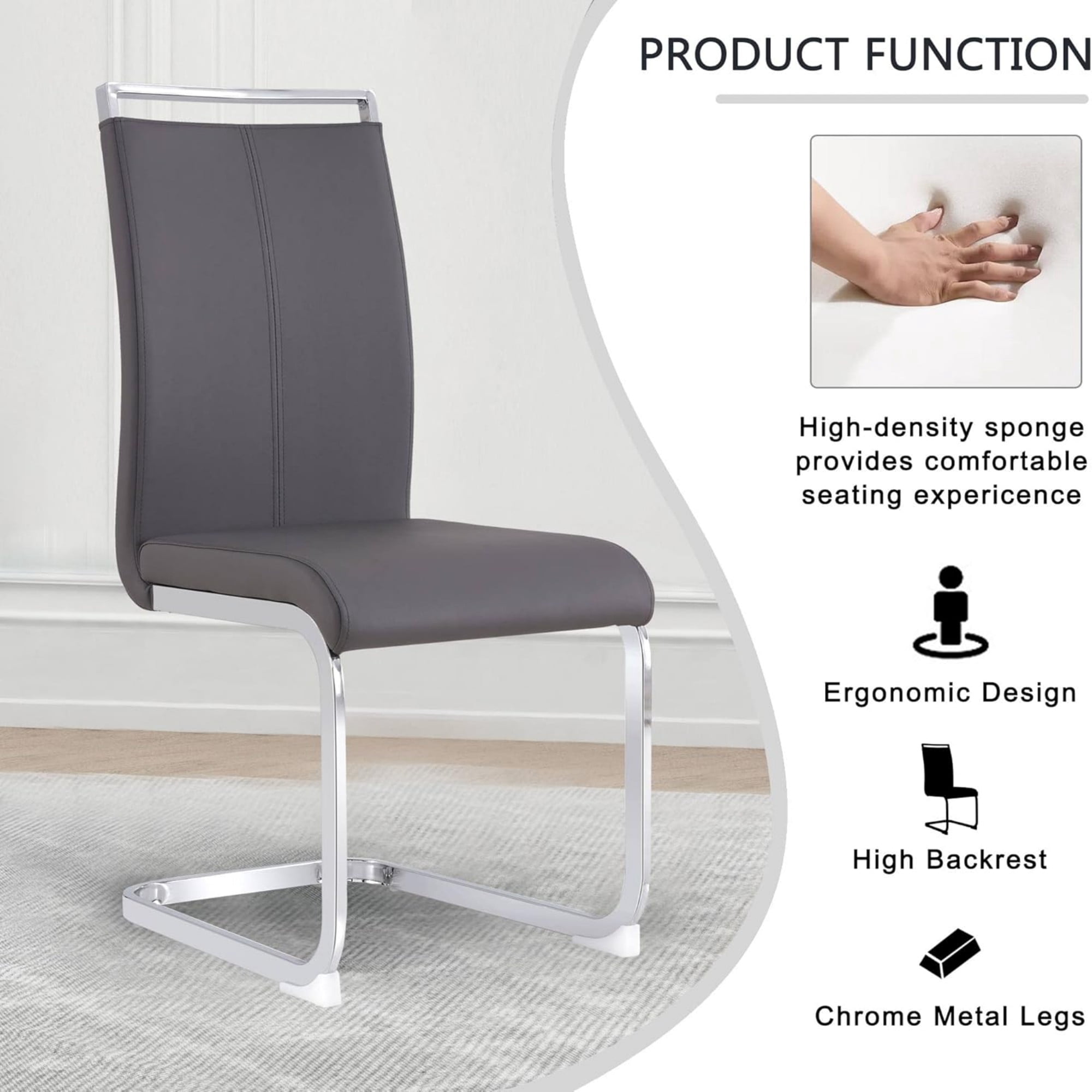 SUDICA Dining Side Chairs Set of 2 Dark Gray PU Leather Upholstered with Chrome Metal Legs for Kitchen Dining Room
