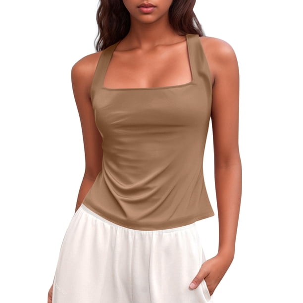 Camiseta sin mangas de verano ajustada para mujer: sin mangas, color liso, poliéster transpirable, corte ajustado, versátil para combinar con pantalones cortos o faldas.