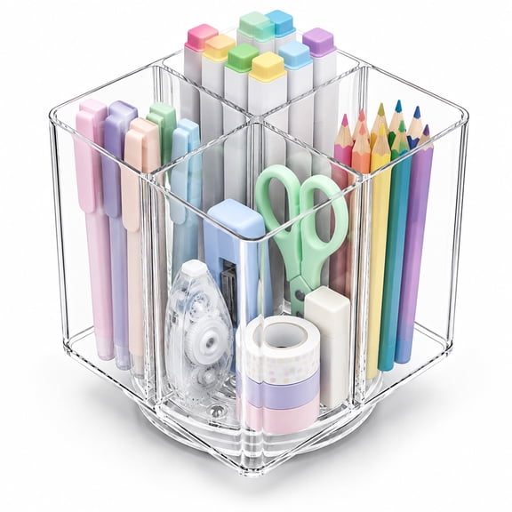 EEEkit 360° Rotating Pen Holder, Clear 4 Compartment Pencil Organizer for Desk, Office, Classroom and Art Supplies