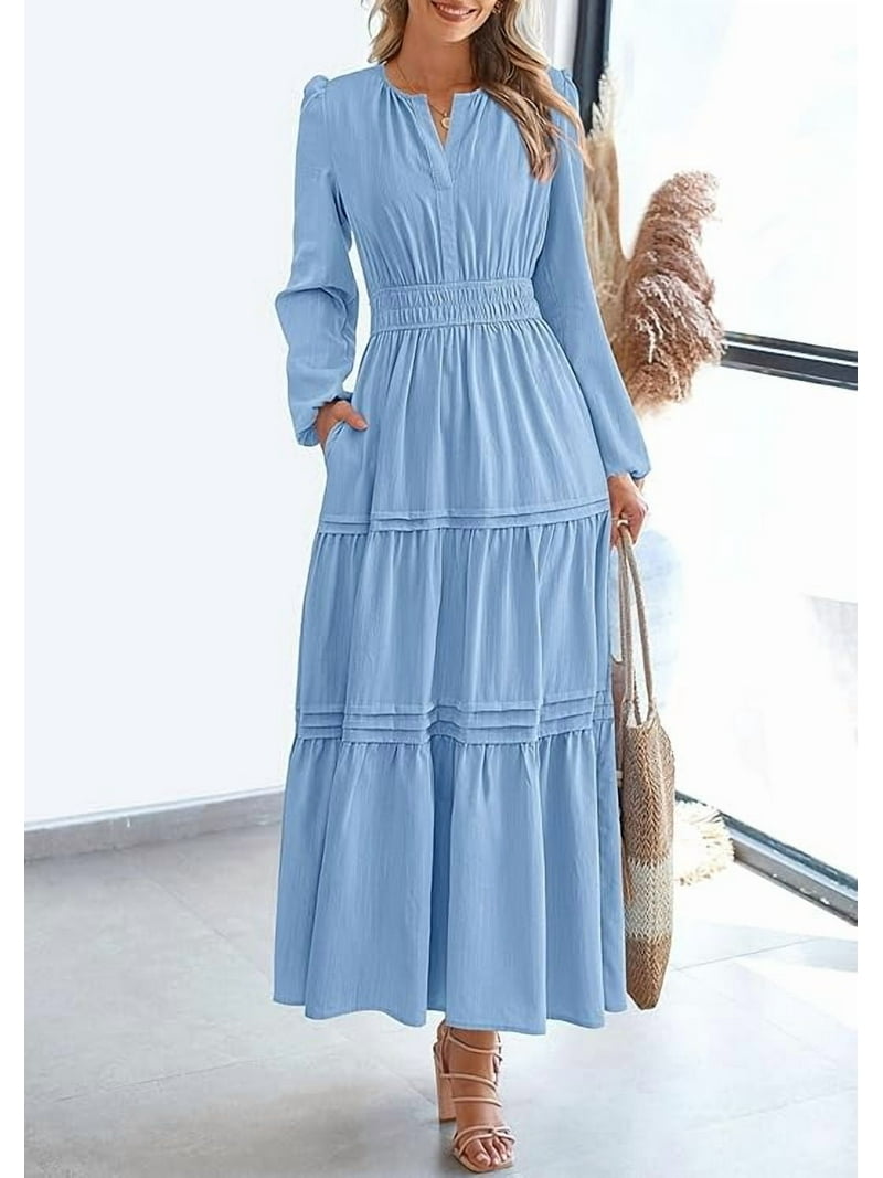 PRETTYGARDEN Women's Elegant Maxi Dresses Long Sleeve V Neck Flowy Pockets  Casual Modest Dress Fall Fashion Clothes - Walmart.com