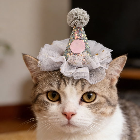 Glitter Pet Birthday Hat Hairpin with Tulle Mesh Design Cute Party Headwear Pet Photo Prop Festive Accessory for Cats Dogs Birthday Celebrations Holiday Parties