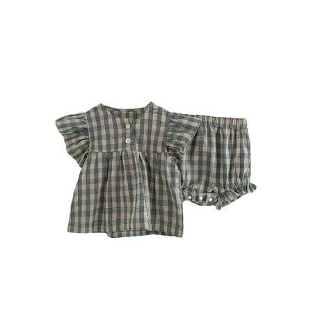 

Thaisu Toddler Baby Boys Girls 2PCS Summer Clothes Set Ruffle Sleeve Plaid Pint Shirt Tops Shorts Outfits