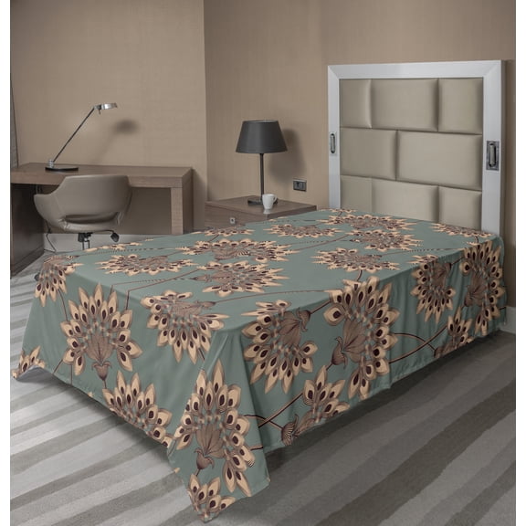 Floral Flat Sheet, Ornamental Illustration of Flowers Designed with Multiples Lines, Soft Comfortable Top Sheet Decorative Bedding 1 Piece, 6 Sizes, Pale Reseda Green and Peach, by Ambesonne