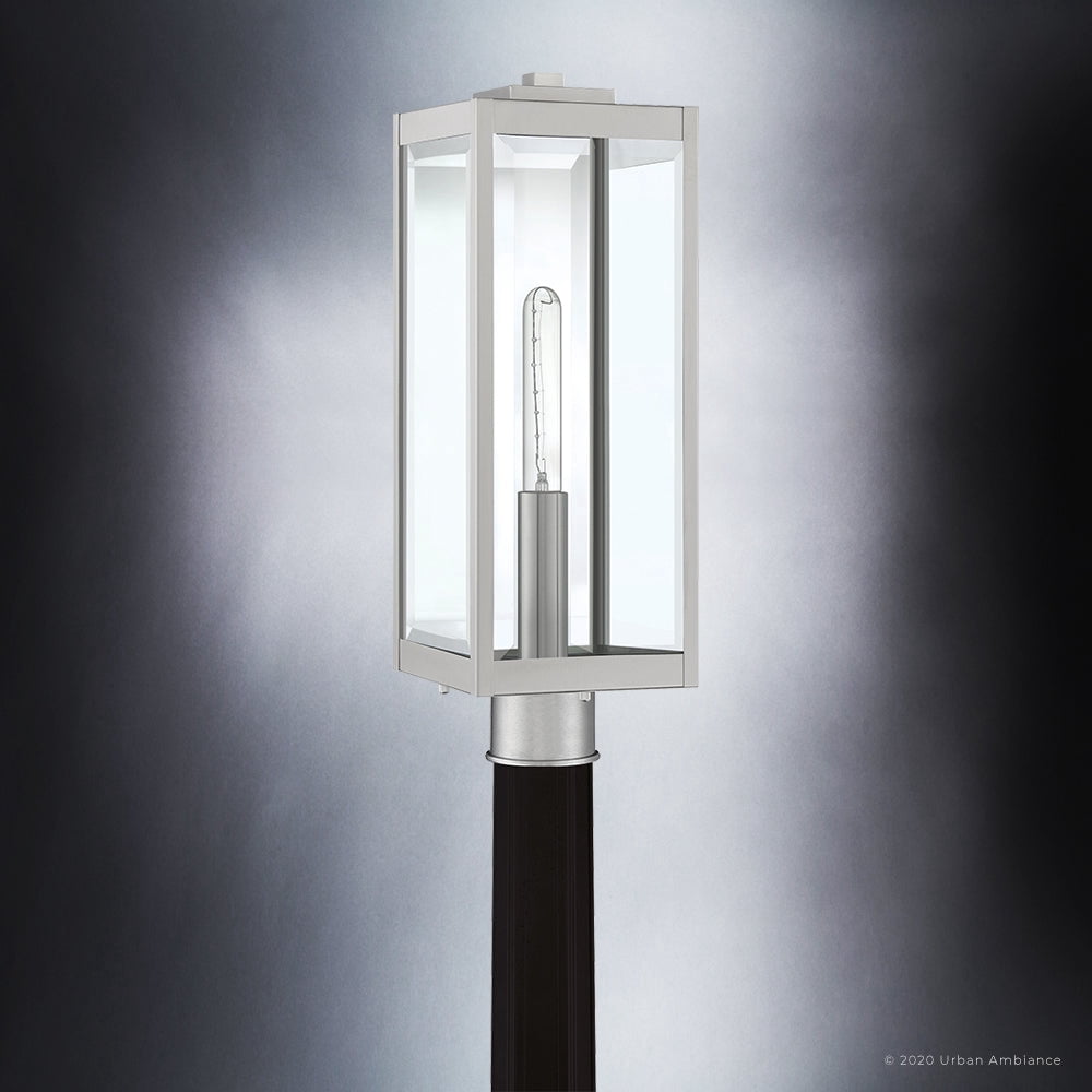 Luxury Modern Farmhouse Outdoor Post Light, 20.50''H x 7.00''W, with Industrial Style Elements, Minimalist Design, Stainless Steel Finish and Clear Beveled Glass, UQL1363