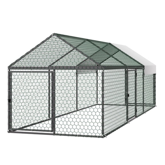 Metal Chicken Coop for 6-8 Chickens, 9.8ft Run, Waterproof Cover, 3 Doors - Outdoor Poultry Cage for Hen, Rabbit, Goose