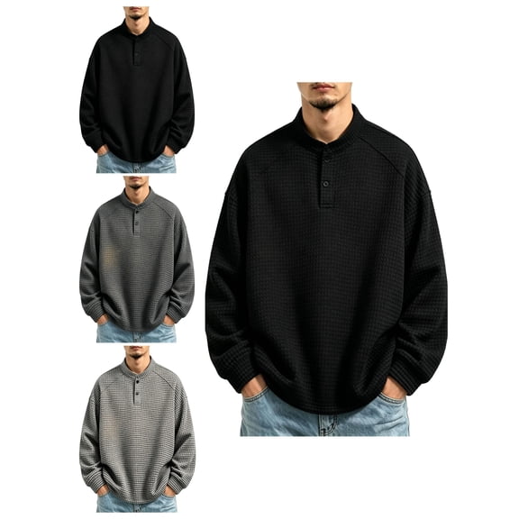 Atkumj Crewneck Sweatshirt Trendy Waffer Knit Henley Neck Long Sleeve Sweatshirt Versatile Solid Color Men Pullover for Fall Winter M
