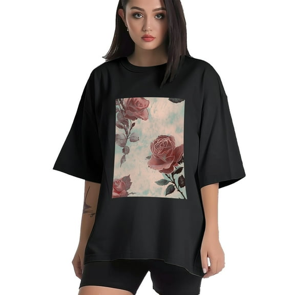 Plus Size Shirt for Women Black Tops for Women Short Sleeves Shirt for Women Roses1 T Shirt Crewneck Shirt for Women XS