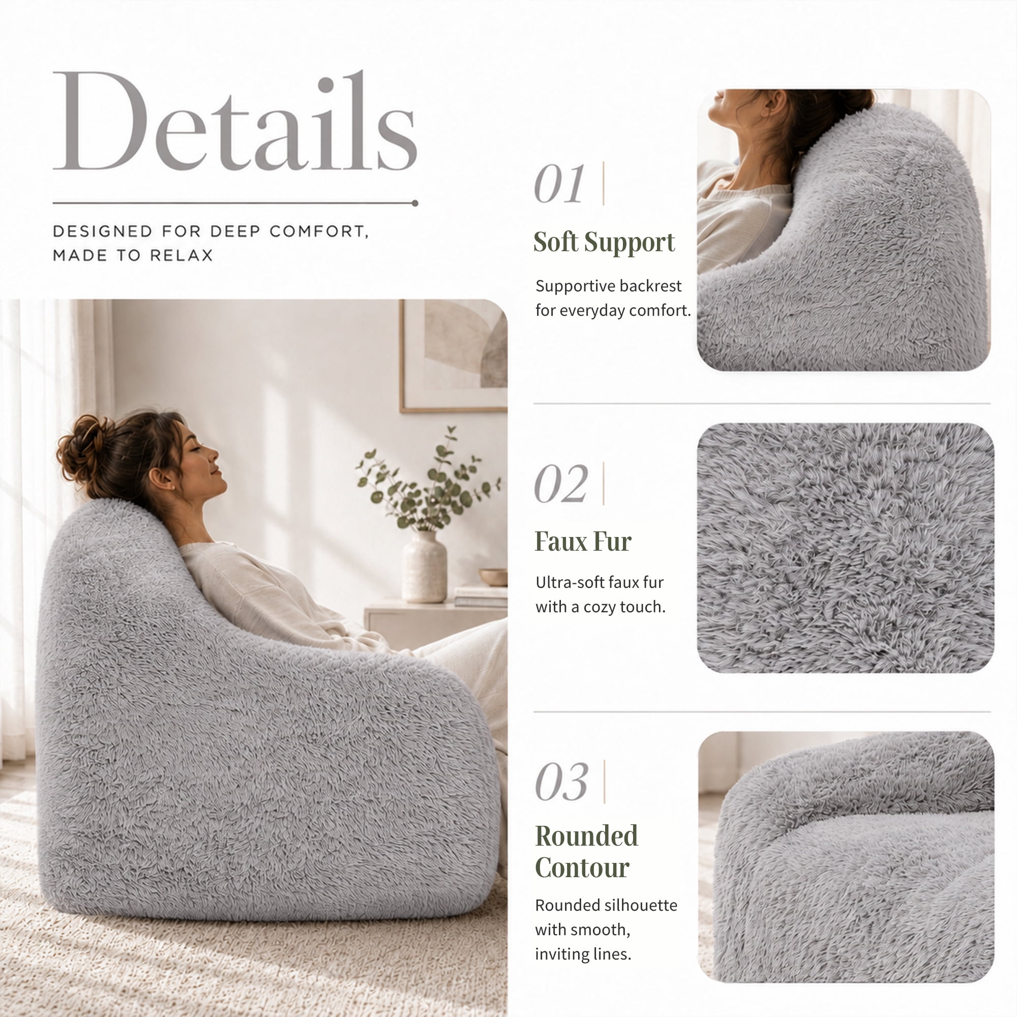 Aenkyo 40.6 Inch Faux Fur Single Sofa Chair, Comfy Lounge Chair in a Box, Gray