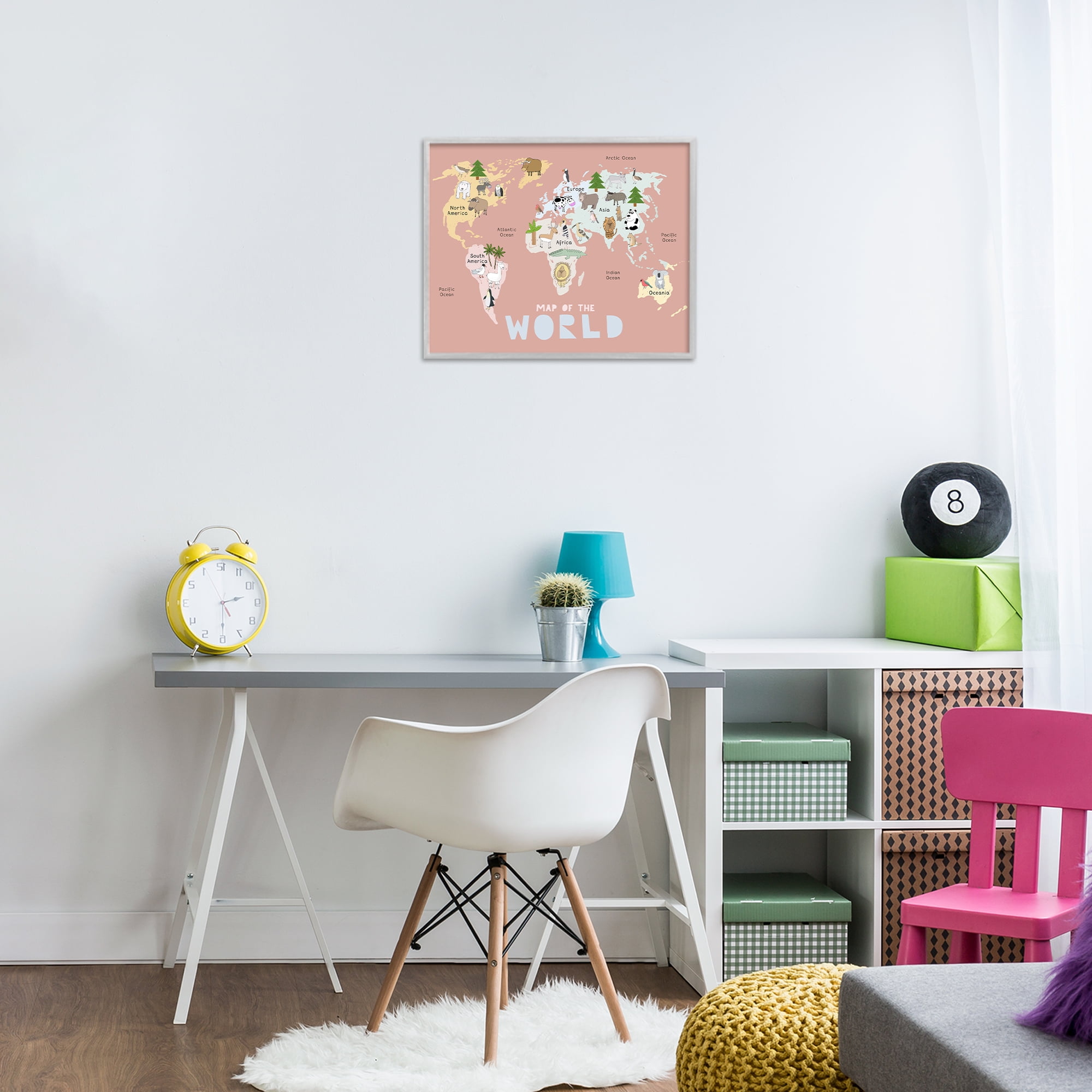 Kid's Map Of World Pink Gray Framed Giclee Art, design by Carla Daly