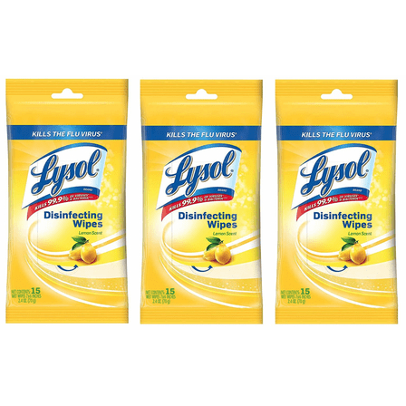 Lysol Disinfecting Wipes To-Go Pack, Lemon Scent, 15 Count (Pack of 3)