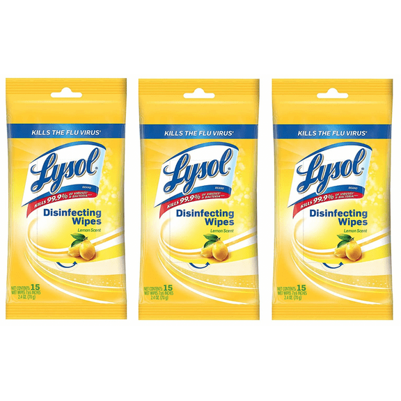 Lysol Disinfecting Wipes To-Go Pack, Lemon Scent, 15 Count (Pack of 3)