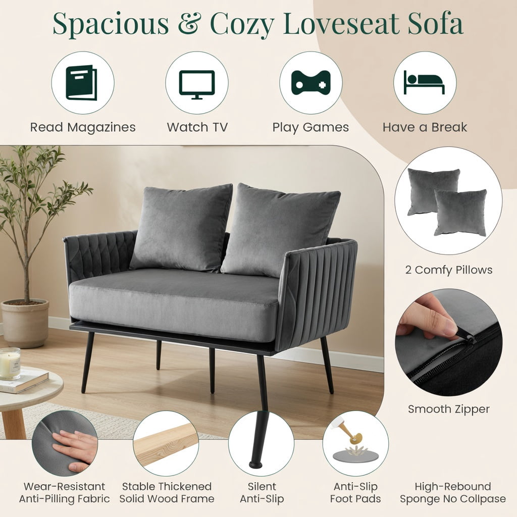Hommoo Modern Dutch Velvet Loveseat Sofa, Compact 2-Seater Upholstered Couch with Removable Cushions & Metal Legs for Living Rooms, Bedrooms, Apartments, Gray