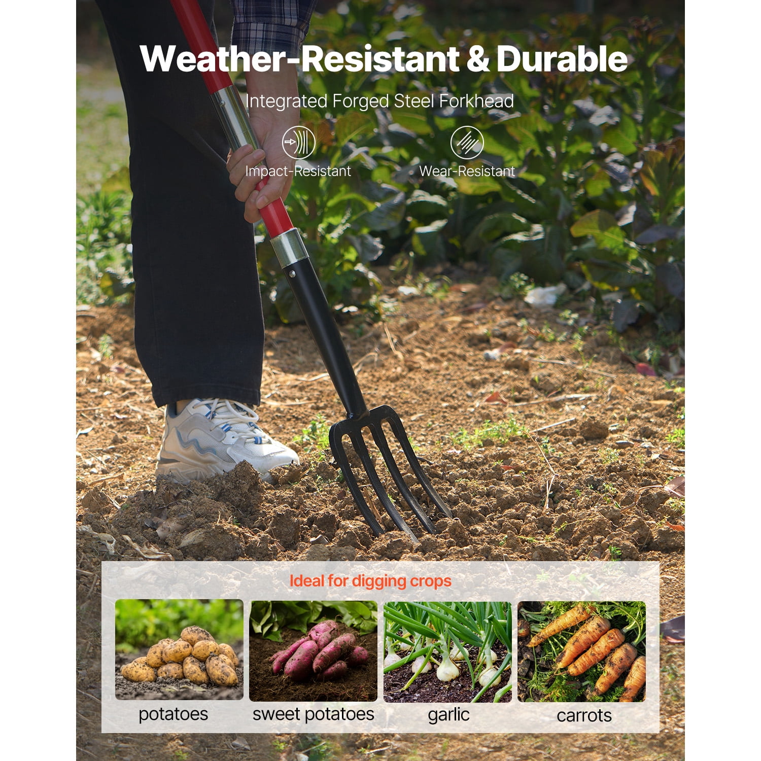 KFFKFF 4-Tine Garden Fork with Fiberglass Handle, 45-Inch Heavy-Duty Digging Tool, Y-Grip Spading Fork for Hay, Compost, Potato, and Soil Aeration