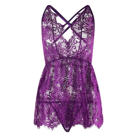 Quealent Lingerie For Women Sleepwear Floral Embroidered Women Chemise Lingerie Lace Full Slip Dress Purple XL
