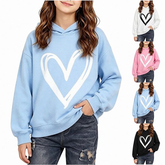 WAVSUF Kids Girls Hoodie, Hooded Graphic Detail Long Sleeve Fall Warm Trendy Sweatshirts Blue 7-8