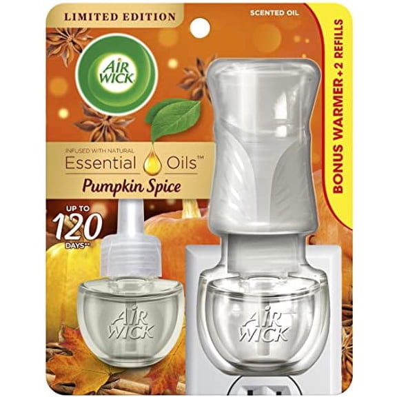 Air Wick Plug in Scented Oil Starter Kit (Warmer   2 Refills), Pumpkin Spice, Fall Scent, Essential Oils, Air Freshener