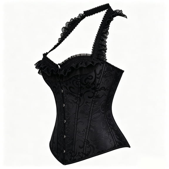 Women Plus Size Vintage Jacquard Overbust Corset Top, Ruffle Lace Trim Spaghetti Strap Front Button Waist Defining Bustier with Back Lace Up Closure