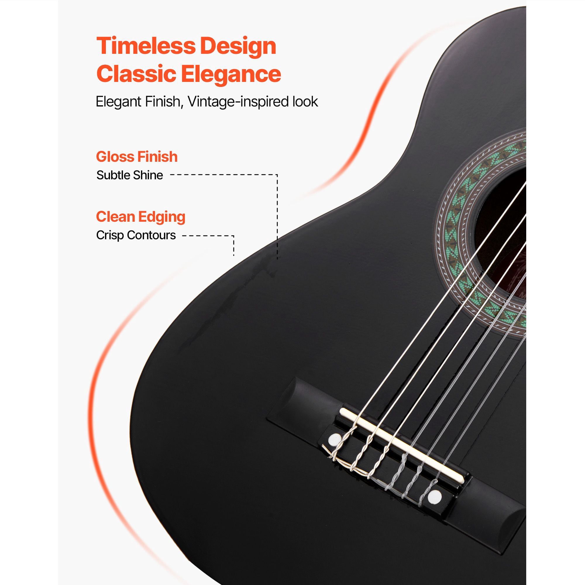 30 inch classical guitar starter kit, nylon strings, wooden, with guitar case, tuner, strap, black