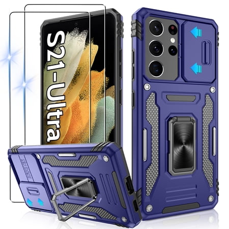Atump for S21 Ultra Case with 2Pcs HD Screen Protector, Military Grade Shockproof and Slide Camera Cover, 360° Rotated Ring Kickstand Protective Case for Samsung Galaxy S26 Ultra,Navy Blue