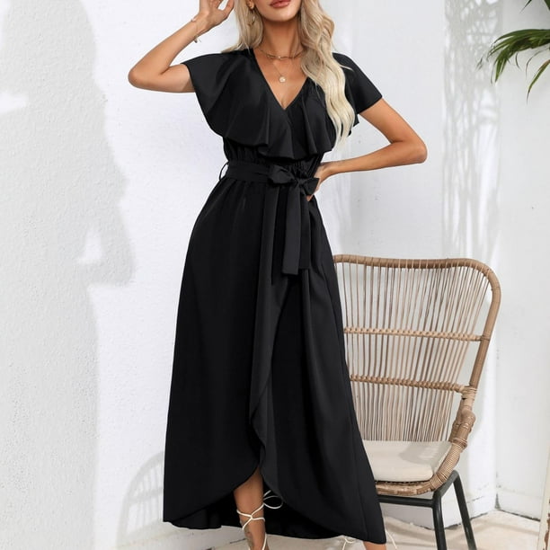 Solid Color Five-Point Sleeve Sexy V-Neck Strap Irregular Dress Solid Color Five-Point Sleeve Sexy V-Neck Strap Irregular Dress