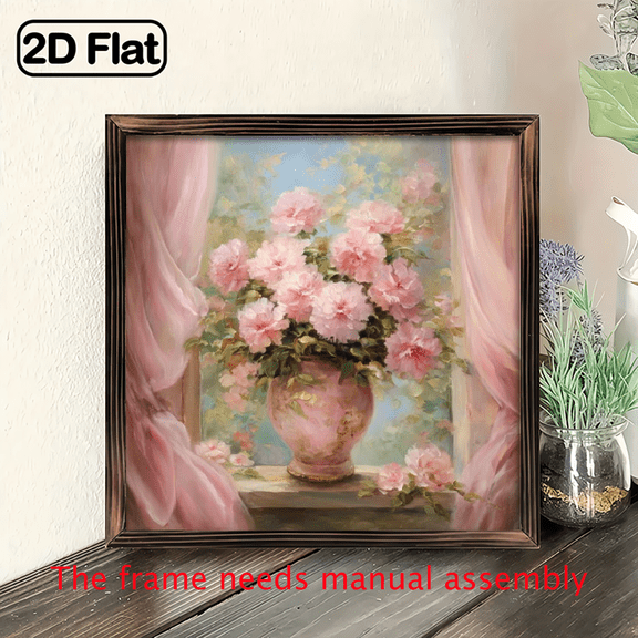 2D Flat - 1pc Wood Frame Sign Pink Flowers Wall Art Paintings Ideal Gift For Living Room Bedroom Farmhouse Corridor Wall Decor Room Decoration Ready to Hang, 8x8 Inch Decorative Signs Plaques
