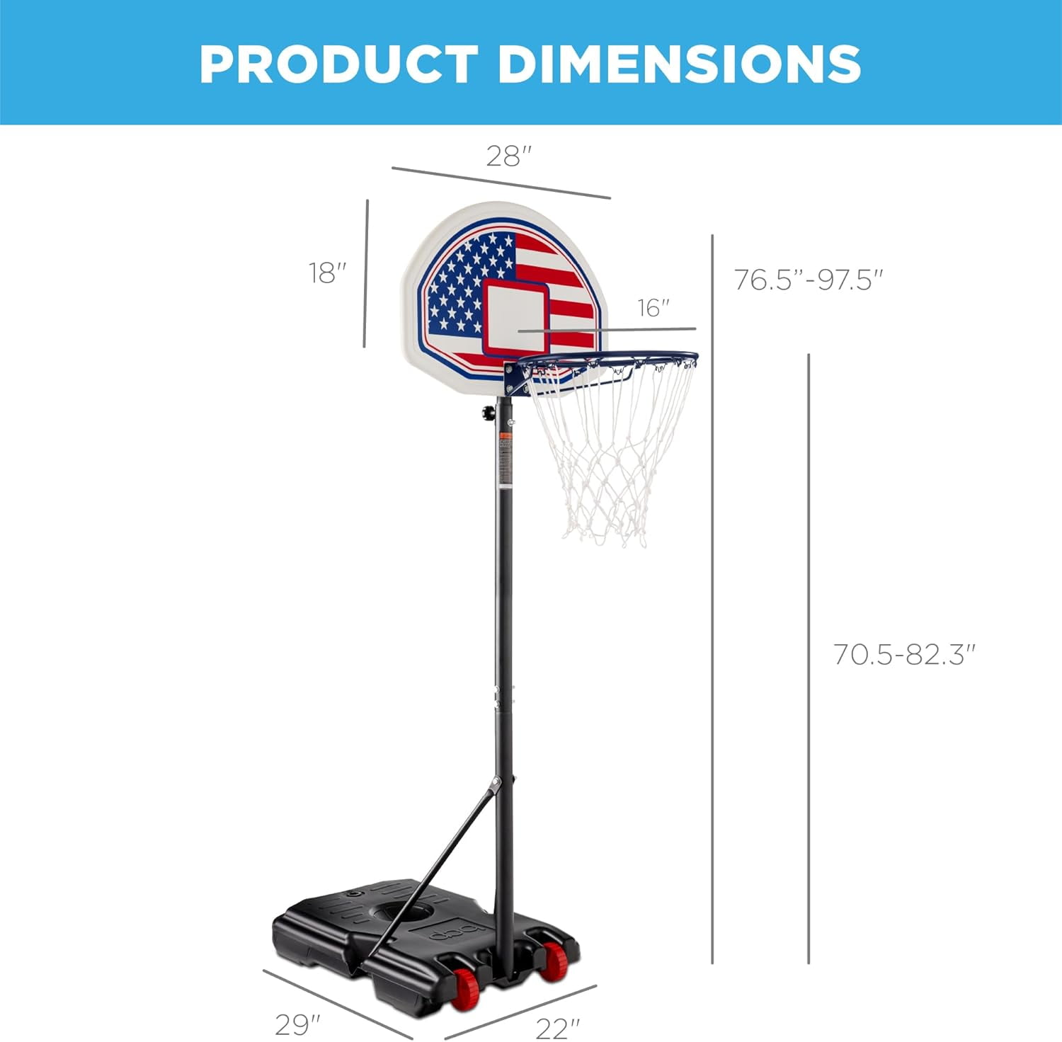 CHTER Kids Height-Adjustable Basketball Hoop, Portable Backboard Set w/ 2 Wheels, Fillable Base, 70.5in to 82.3in Tall