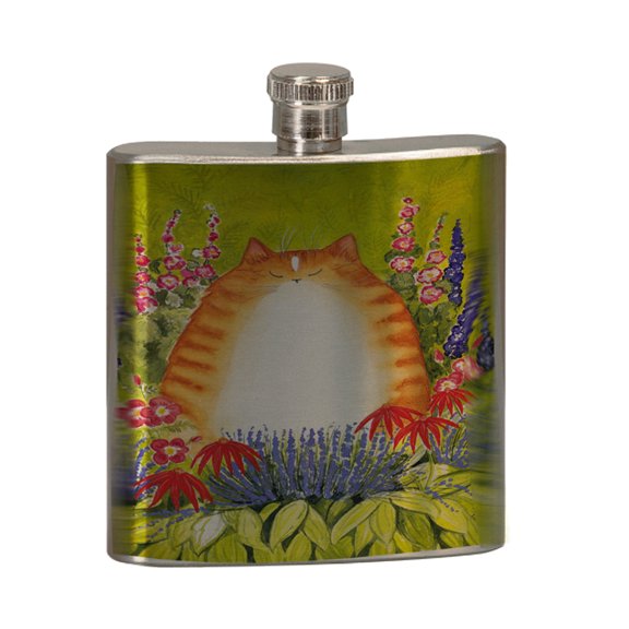KuzmarK 6 oz. Stainless Steel Pocket Hip Liquor Flask - Ginger Tabby Cat with Garden Flowers Art by Denise Every