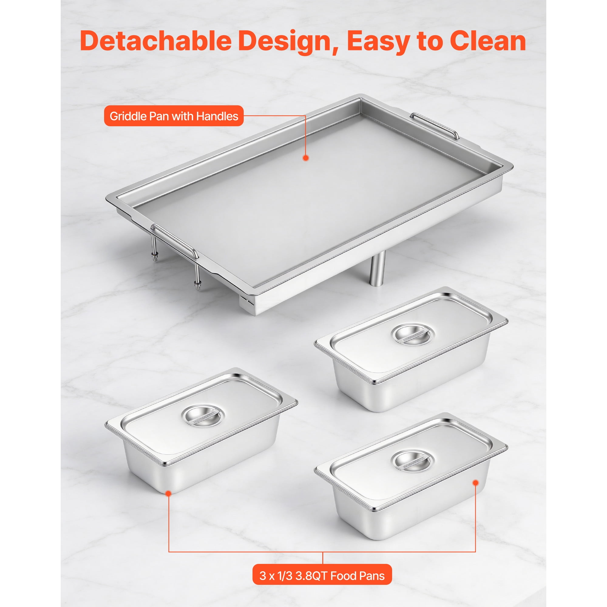 KFFKFF Outdoor Propane Griddle with 3 Burners (11,600 BTU Each), Stainless Steel Cooking Surface, Includes Three 1/3 Size Food Pans, Portable Cart with Wheels and Gas Stove