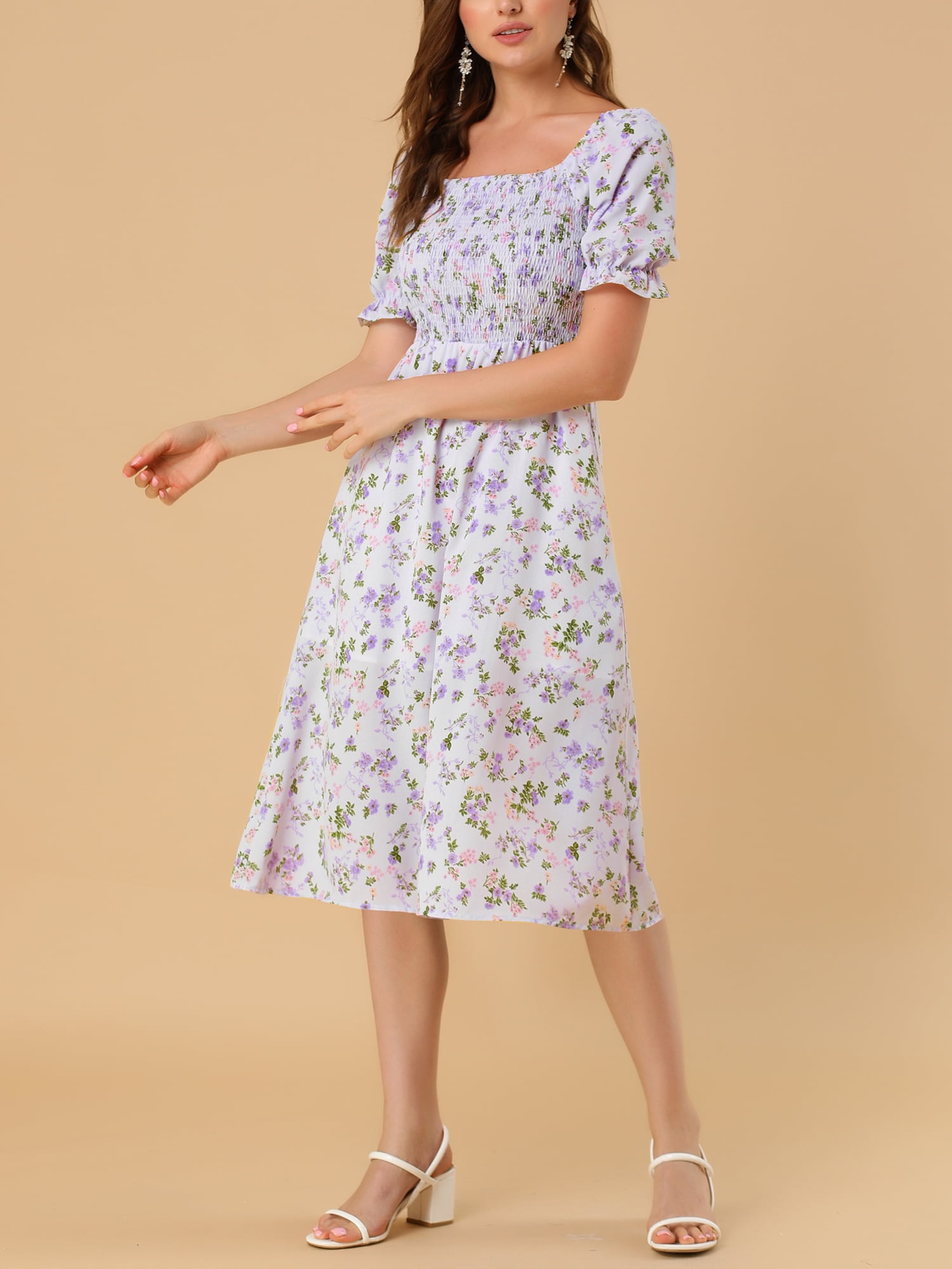 DARING DIVA Square Neck Puff Sleeves Smocked Waist Midi Floral Dres S Purple